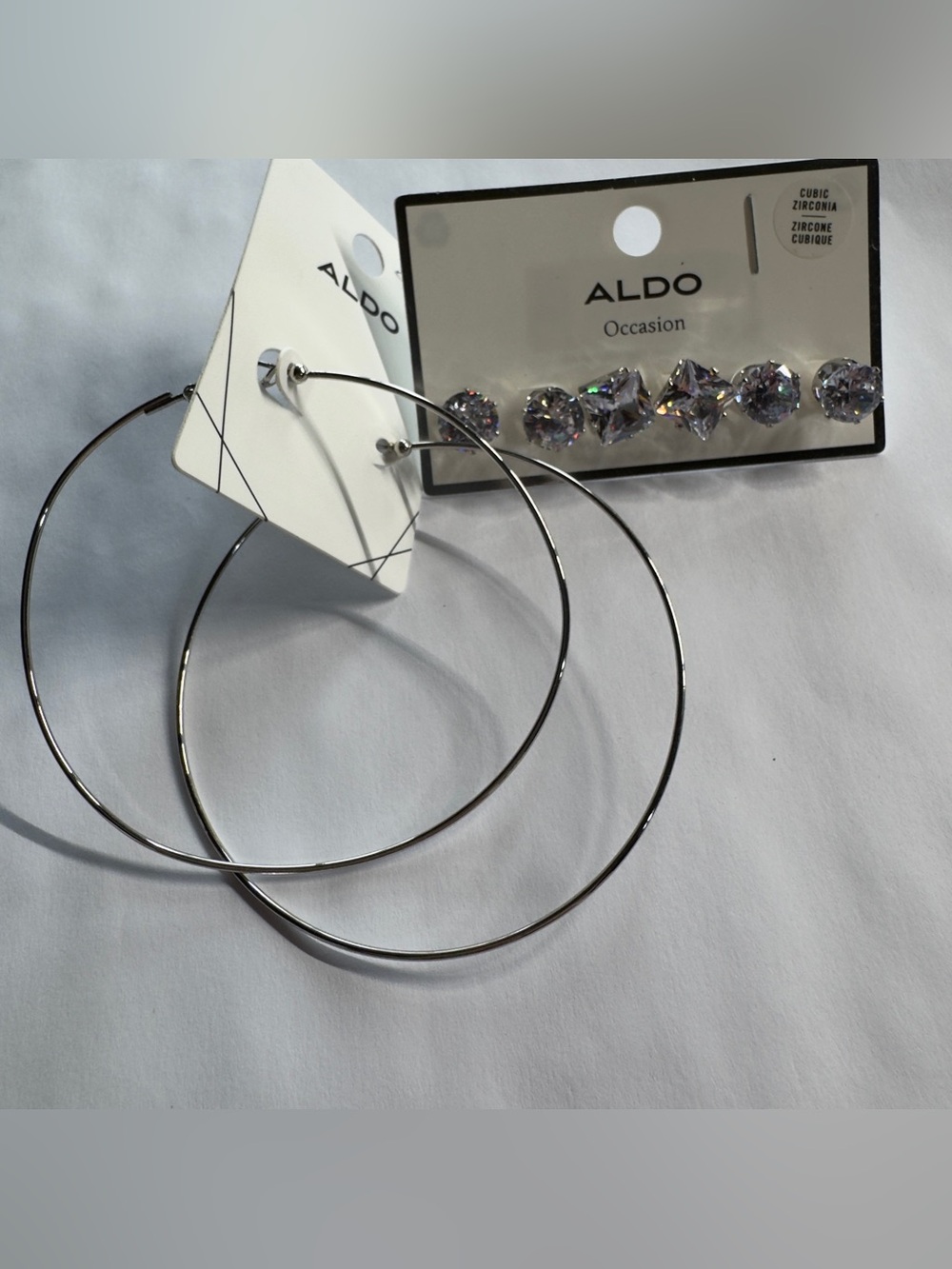 ALDO Silver Hoop Earrings with Clear Crystal Studs Set